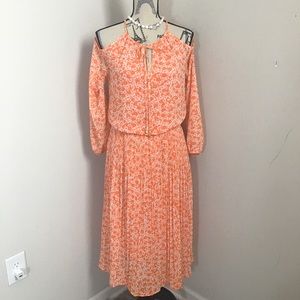 Michael Kors Womens Orange White Floral Cold Shoulder Long Sleeves Chiffon Dress